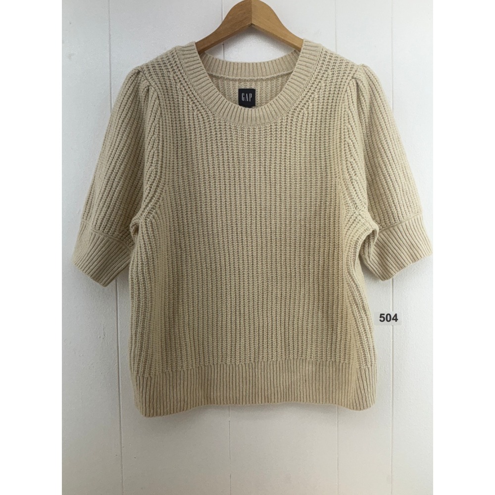 GAP Womens Beige Shaker Stitch Puff Sleeve Crewneck Sweater NWT Size L